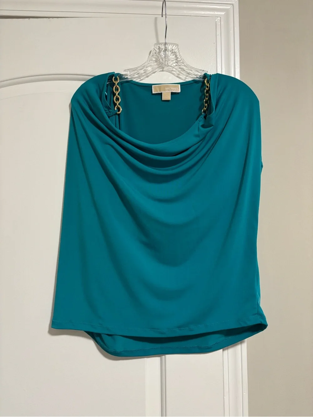 MICHAEL KORS, Teal Chain-Strap Draped Women's Top, Size Large